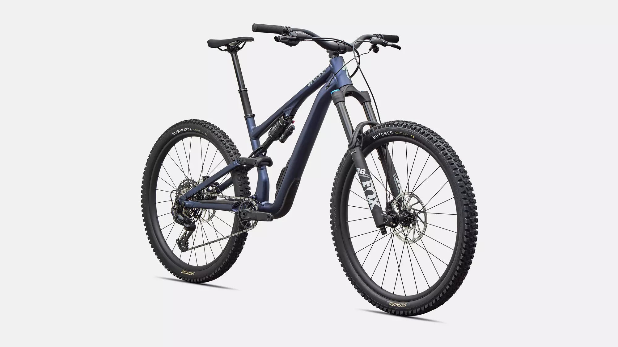 Specialized Stumpjumper 15 EVO Comp Alloy - Satin Metallic Deep Marine / Agave Grey front detail