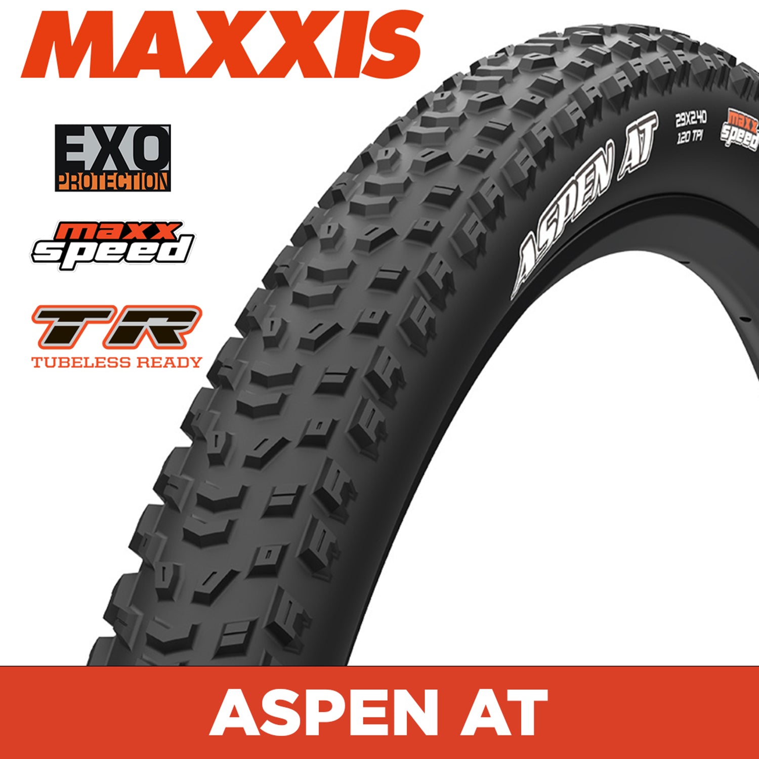 Maxxis Aspen AT Tyre - 32X2.40 - MaxxSpeed / EXO / TR - Foldable 120 TPI E50 at Spoke N Trail