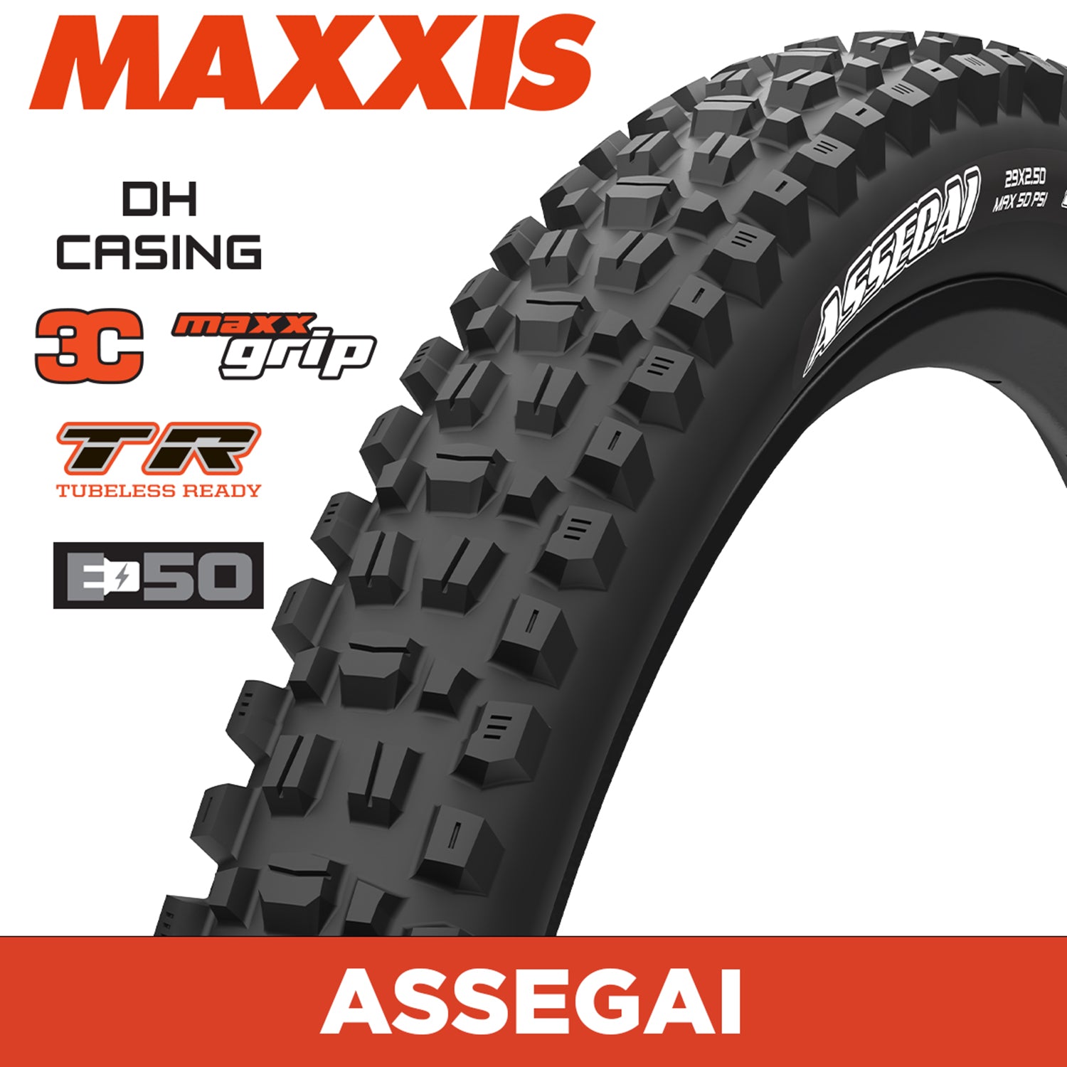 Maxxis Assegai Tyre - 27.5X2.50 - 3C MaxxGrip / DH / TR - Foldable 60X2 TPI E50 at Spoke N Trail