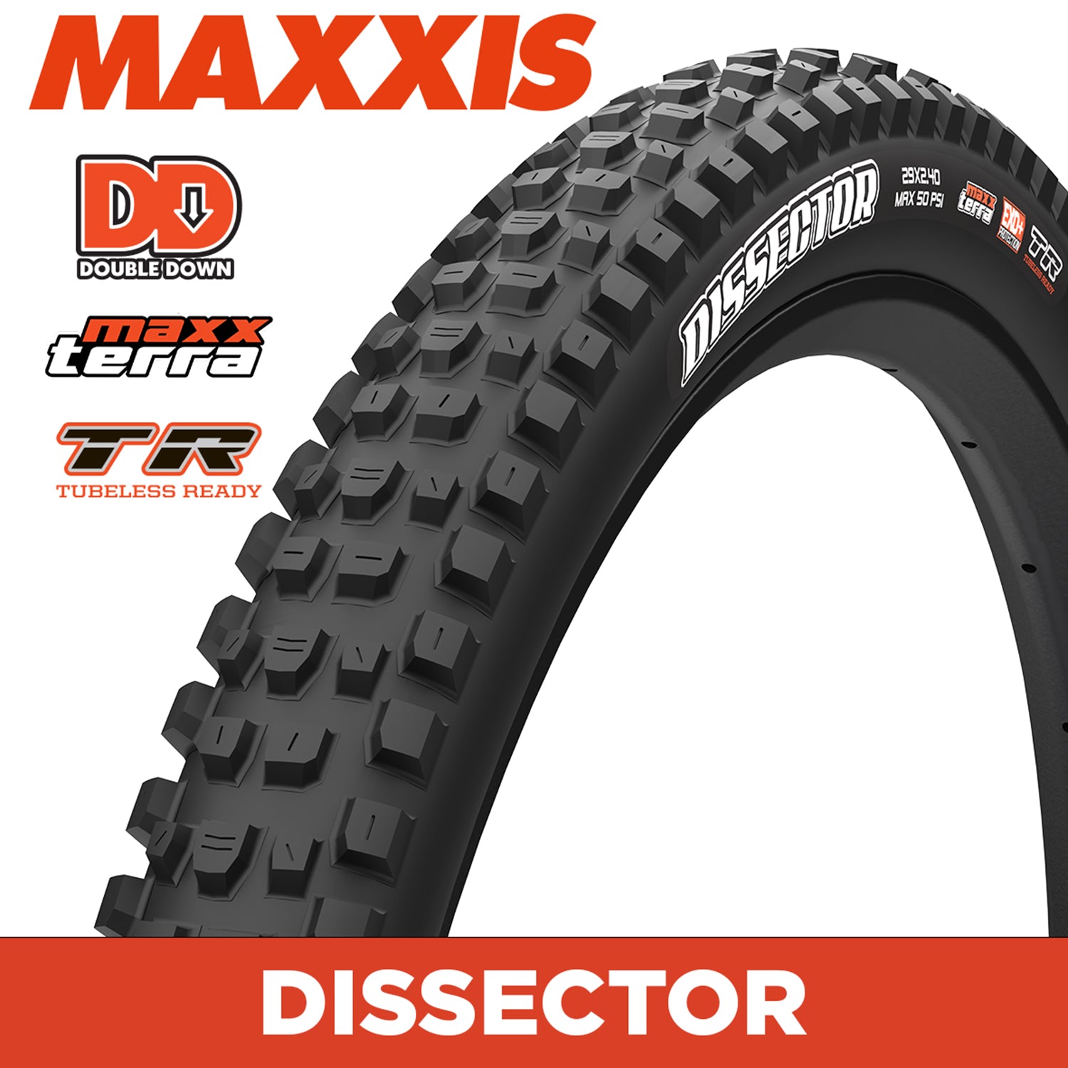 Maxxis Dissector Tyre - 29X2.40 - MaxxTerra / DD / TR - Foldable 120X2 TPI E50 at Spoke N Trail