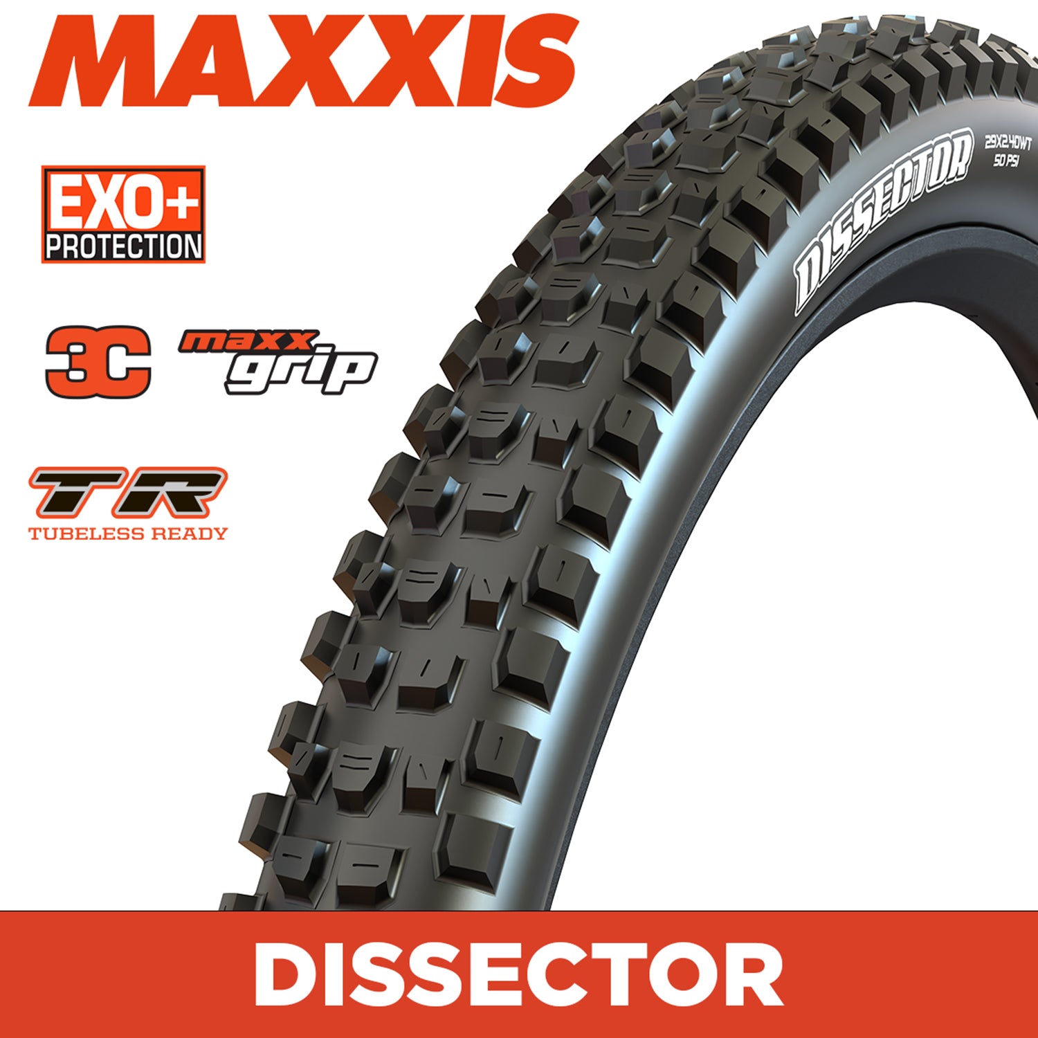 Maxxis Dissector Tyre - 29X2.40 - 3C MaxxGrip / EXO+ / TR - Foldable 60 TPI E25 at Spoke N Trail
