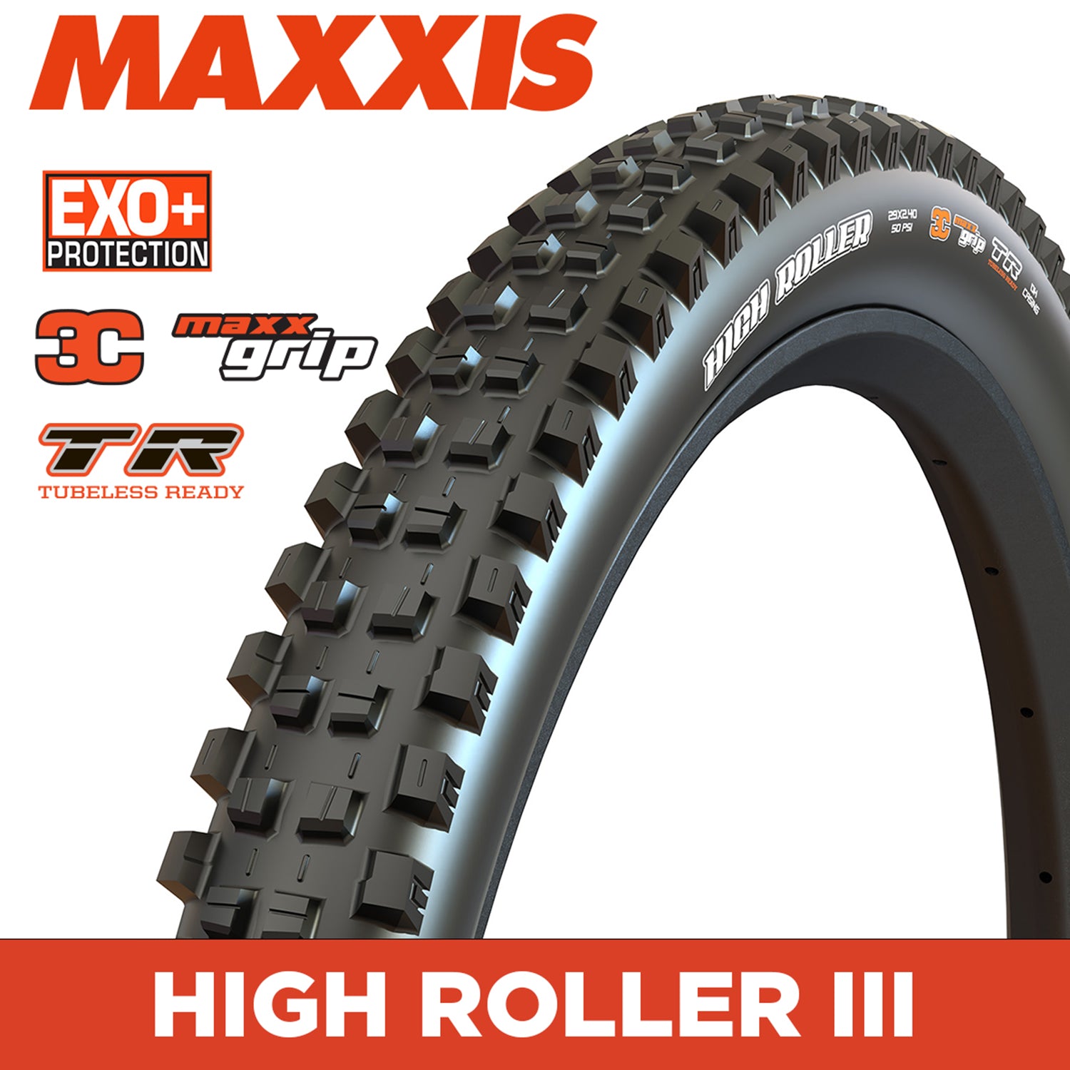 Maxxis High Roller Tyre - 29X2.40 - 3C MaxxGrip / EXO+ / TR - Foldable 60 TPI E25 at Spoke N Trail