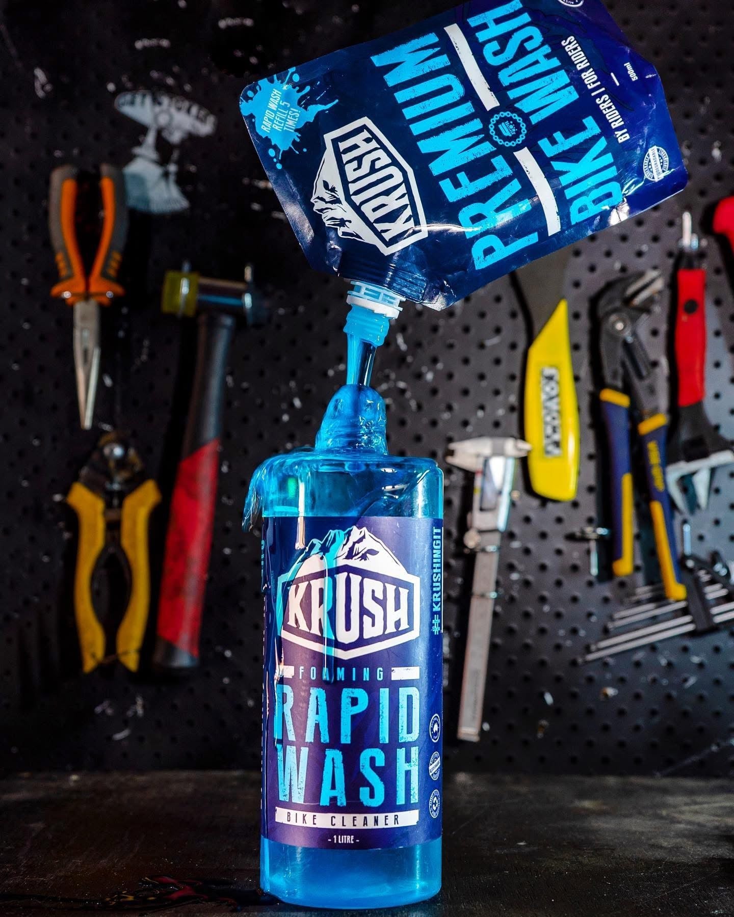Krush Premium Bike Wash Refill Pouch 500ml in use