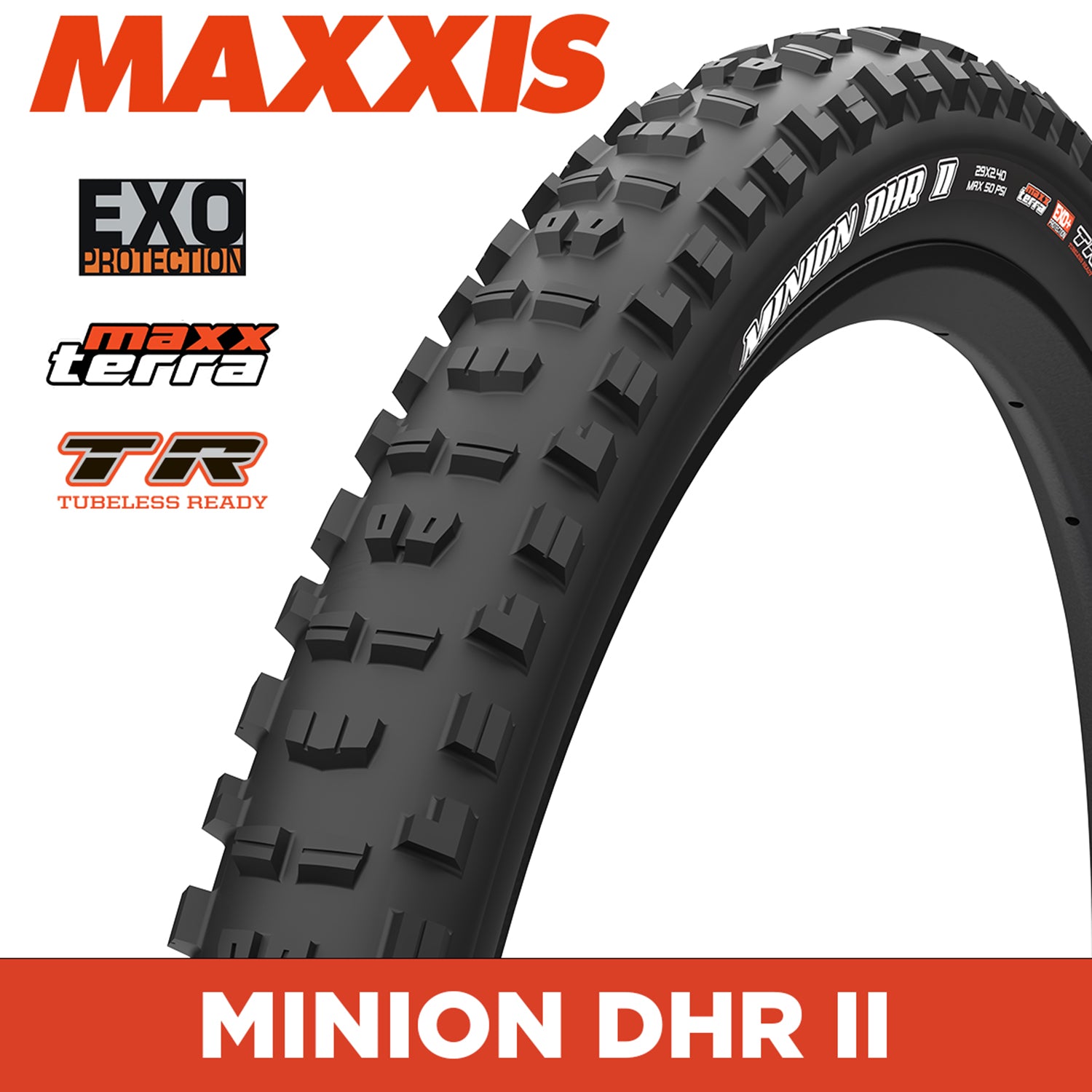 Maxxis Minion DHR II Tyre - 29X2.40 - MaxxTerra / EXO / TR - Foldable 60 TPI E25 at Spoke N Trail