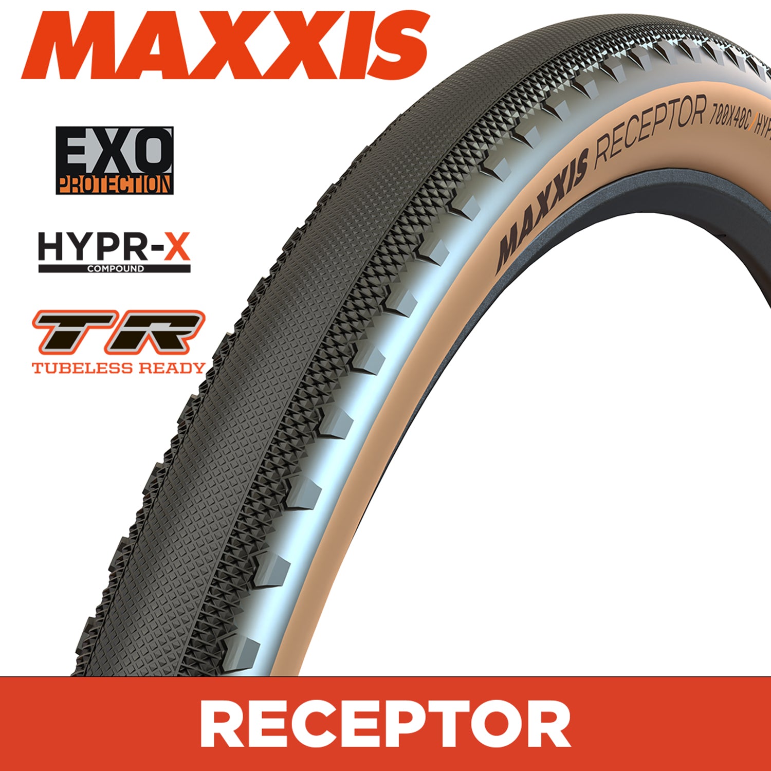 Maxxis Receptor Tyre - 700X40C - HYPR-X / EXO / TR / Tanwall - Foldable 120 TPI E25 at Spoke N Trail