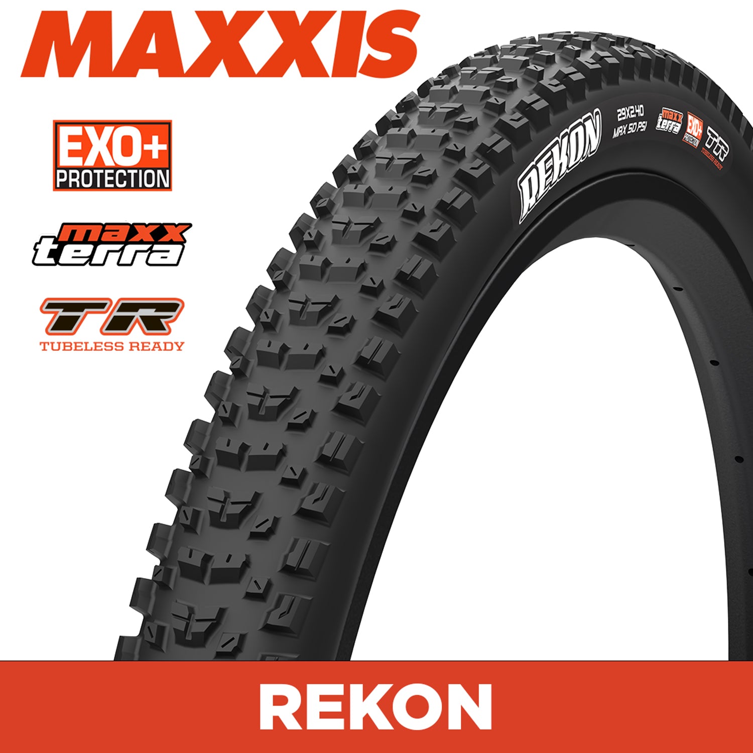 Maxxis Rekon Tyre - 27.5X2.60 - MaxxTerra / EXO+ / TR - Foldable 60 TPI E25 at Spoke N Trail