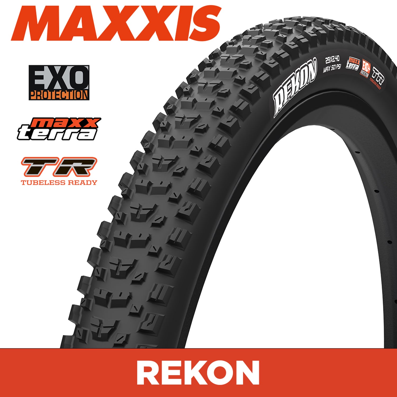 Maxxis Rekon Tyre - 27.5X2.40 - MaxxTerra / EXO / TR - Foldable 60 TPI E25 at Spoke N Trail