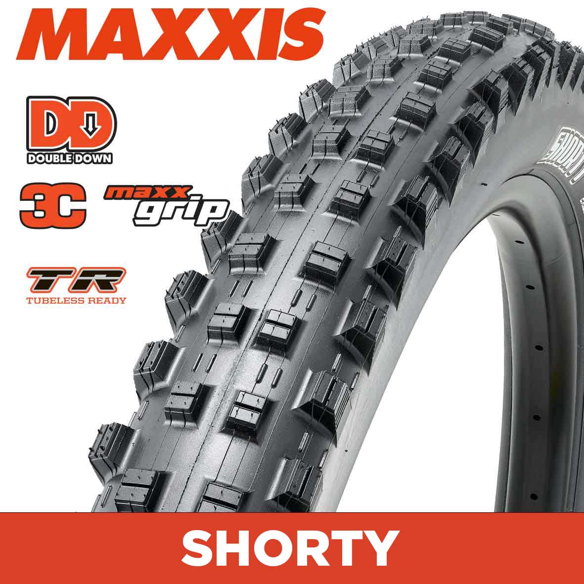 Maxxis Shorty Tyre - 27.5X2.40 - 3C MaxxGrip / DD / TR - Foldable 120X2 TPI E25 at Spoke N Trail