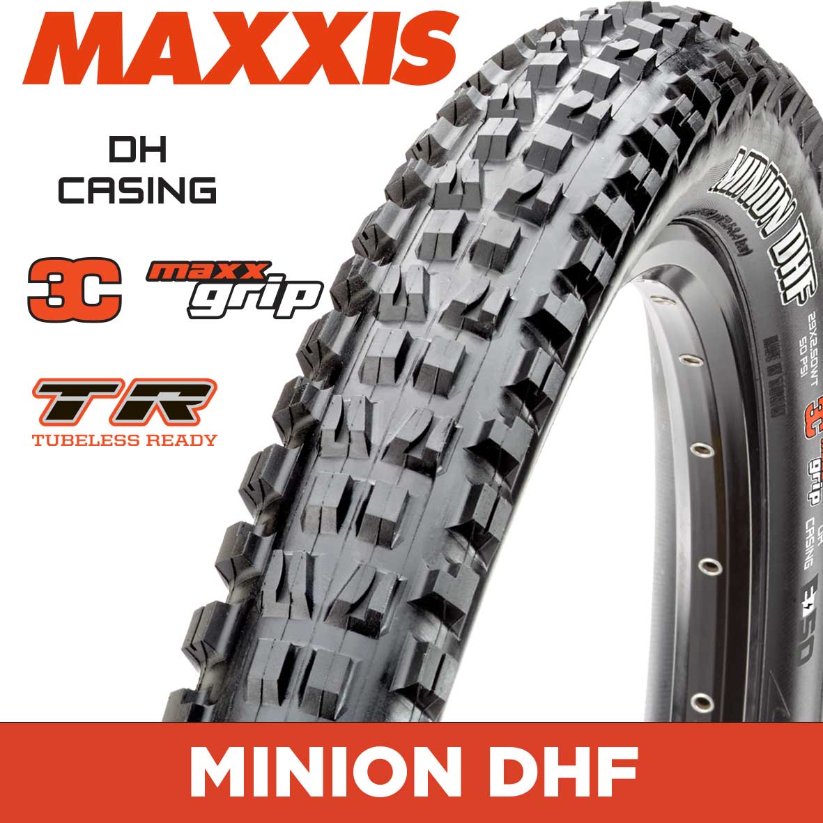 Maxxis Minion DHF Tyre - 27.5X2.50 - 3C MaxxGrip / DH / TR - Foldable 60X2 TPI E25 at Spoke N Trail